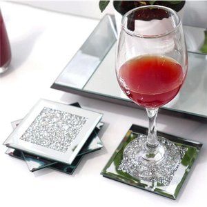 Glass Mirrored Coaster 4 PC, Crushed Diamond Square Cup Mat 4" Decor on Tabletop